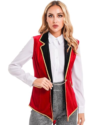 winying Damen Damen Zirkus Ringmaster Kostüm Lang Gothic Mantel Ärmellos Samt Weste Fasching Festival Kleidung Rot 3XL von winying