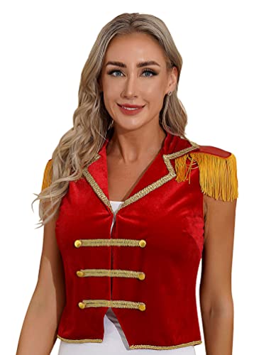 winying Damen Zirkus Zirkusdirektor Rollenspiel Tops Halloween Cosplay Kostüm Revers Ärmellos Quasten Samtweste Unregelmäßiger Saum Knopfweste Rot M von winying