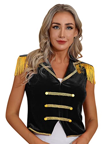 winying Damen Zirkus Zirkusdirektor Rollenspiel Tops Halloween Cosplay Kostüm Revers Ärmellos Quasten Samtweste Unregelmäßiger Saum Knopfweste Schwarz M von winying