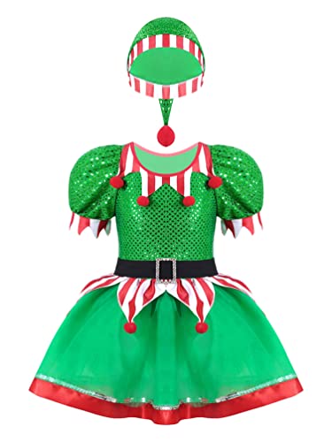 winying Elfe Kostüm Kinder Mädchen Pailletten Tutu Kleid mit Hut Kurzarm Weihnachtskleid Glitzer Partykleid mit Hut Grün 104 von winying