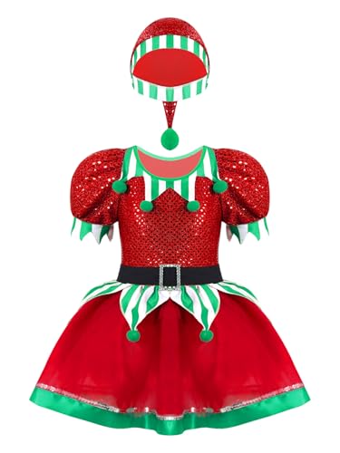 winying Elfe Kostüm Kinder Mädchen Pailletten Tutu Kleid mit Hut Kurzarm Weihnachtskleid Glitzer Partykleid mit Hut Rot 104 von winying