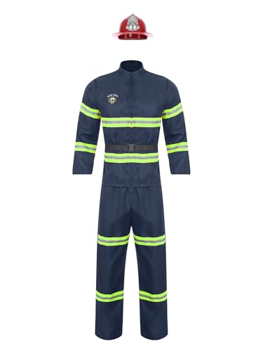 winying Feuerwehrmann-Kostüm für Erwachsene Verkleidungsset 4-teiliger Anzug Langarm Jacke Mantel Hose und Gürtel Navy blau L von winying