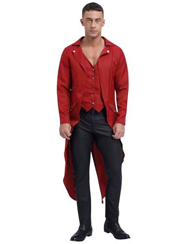 winying Herren Gothic Vintage Steampunk Jacke Langarm Viktorianische Smoking Mantel Halloween Kostüm Karneval Party Cosplay Kleidung Rot S von winying