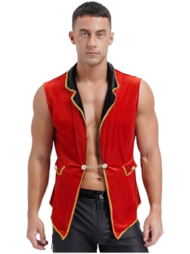 winying Herren Zirkus Ringmaster Kostüm Ärmellos Samt Jacket Steampunk Frack Mantel Gothic Mittelalter Weste Für Karneval Fasching Rot XL von winying