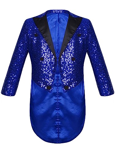 winying Jungen Glänzende Pailletten Smoking Jacke Anzug Funkelnde Frack Blazer Langarm Revers Glitzer Strickjacke für Party Fasching Mottoparty Blau 134-140 von winying