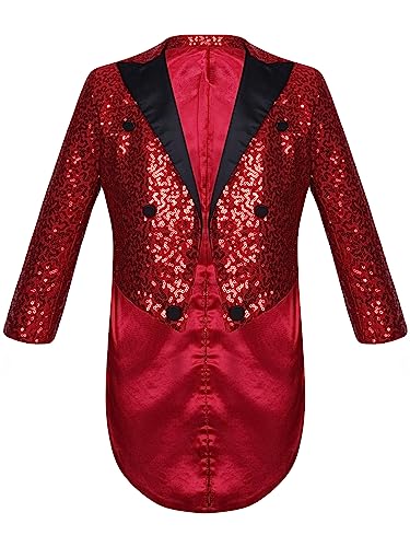 winying Jungen Glänzende Pailletten Smoking Jacke Anzug Funkelnde Frack Blazer Langarm Revers Glitzer Strickjacke für Party Fasching Mottoparty Burgundy 110-116 von winying