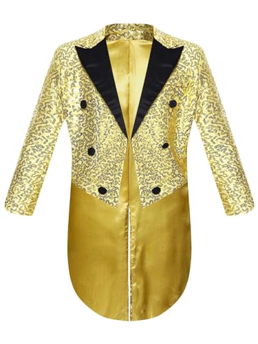 winying Jungen Glänzende Pailletten Smoking Jacke Anzug Funkelnde Frack Blazer Langarm Revers Glitzer Strickjacke für Party Fasching Mottoparty Gold- 110-116 von winying