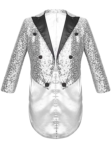 winying Jungen Glänzende Pailletten Smoking Jacke Anzug Funkelnde Frack Blazer Langarm Revers Glitzer Strickjacke für Party Fasching Mottoparty Silber 134-140 von winying