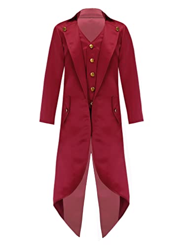 winying Jungen Gothic Mittelalter Frack Kinder Renaissance Steampunk Kostüme Fake Zweiteiler Mantel für Karneval Party Burgundy 170-176 von winying