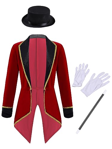 winying Jungen Mädchen Zirkus Zirkusdirektor Kostüm Langarm Jacke Mantel mit Zubehör Set Karneval Fasching Kostüm Burgundy 152 von winying