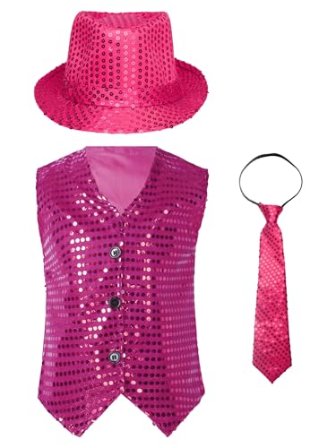 winying Jungen Pailletten Weste Glitzer Anzug 3 Stück Disco Jazz Hip-Hop Tanzkostüm Ärmellos Anzugjacke mit Hut Krawatte Bühnenaufführung Kostüm Hot Pink 122-128 von winying