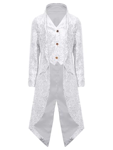 winying Kinder Jungen Mittelalter Mantel Langarm Pailletten Gothic Jacke Viktorianische Uniform Lange Smoking Karneval Cosplay Silber 122-128 von winying