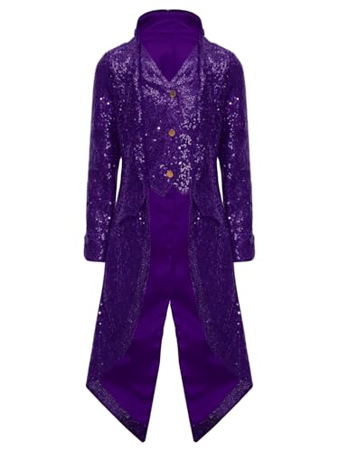 winying Kinder Jungen Mittelalter Mantel Langarm Pailletten Gothic Jacke Viktorianische Uniform Lange Smoking Karneval Cosplay Violett 134-140 von winying