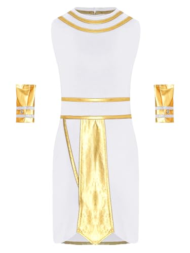 winying Kinder Kostüm für Jungen Ägyptisches Pharao Antikes Ägypter Kleid Einfarbig Jumpsuit und Handgelenkbänder Faschingskostüme Karneval Weiß 122-128 von winying