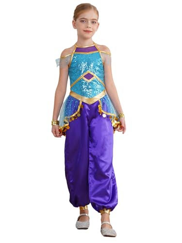 winying Kinder Mädchen Kostüm Prinzessin Araberin Tanzen Jumpsuit Einteiliger Overall für Cosplay Karneval Halloween Blau 134-140 von winying