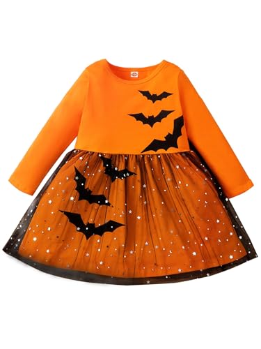 winying Kleid Mädchen Kürbis Hexe Kleidung Kinder Langarm Tüllkleid Fancy Karneval Fledermaus Rollenspiel Cosplay Party Outfit Orange 104-110 von winying