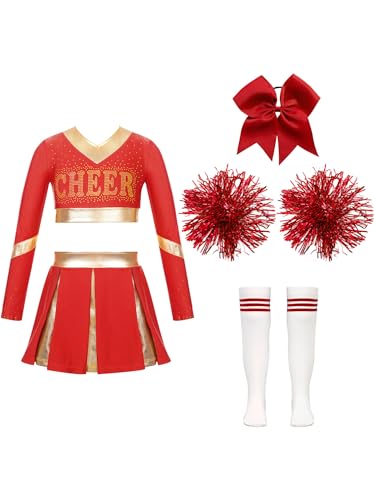 winying Mädchen 5tlg Langarm Cheerleading Uniform Set Crop Top mit Faltenrock Und Zubehör für Karneval Halloween B Rot 122-128 von winying