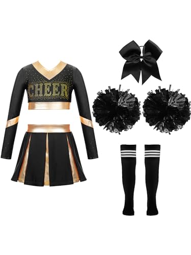 winying Mädchen 5tlg Langarm Cheerleading Uniform Set Crop Top mit Faltenrock Und Zubehör für Karneval Halloween Ein Schwarzer 110-116 von winying