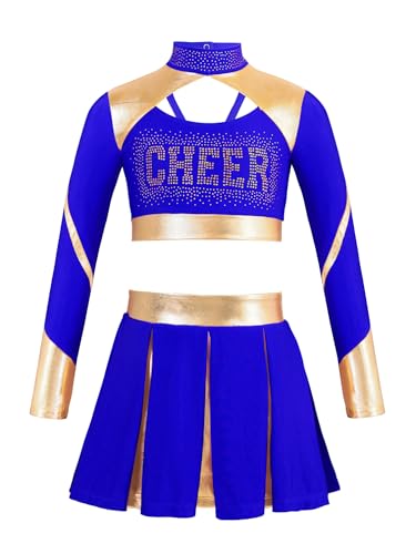 winying Mädchen Cheerleading Uniform Langarm Glänzend Crop Top mit Faltenrock Tanz Outfits Halloween Karneval Fasching Blau 146-152 von winying