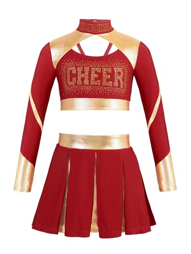 winying Mädchen Cheerleading Uniform Langarm Glänzend Crop Top mit Faltenrock Tanz Outfits Halloween Karneval Fasching Burgundy 158-164 von winying