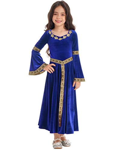 winying Mädchen Mittelalterliches Kleid Langer Prinzessin Samt Kleid Retro Samt Partykleid Festkleid Weihnachten Festkleid Blau 134-140 von winying