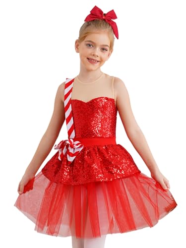 winying Mädchen Weihnachten Kostüm Kinder Pailletten Ballett Tanzkleid Tutu Rock Ärmellos Party Tanzkleidung Rot 110-116 von winying