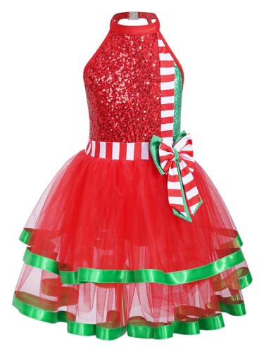 winying Mädchen Weihnachten Kostüm Pailletten Tüll Kleider Glitzer Ärmellos Tanzkleid A Linien Ballettkleid Weihnachtsoutfits Rot 122-128 von winying