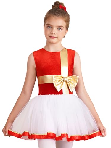 winying Mädchen Weihnachtskleid Ärmellose Minikleid Samt Ärmellos Ballettanzug Tutu Tanzkleid Weihnachten Partykleid Rot 122-128 von winying