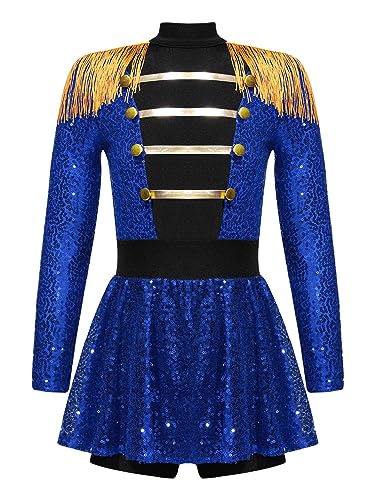 winying Mädchen Zirkus Ringmaster Kostüm Langarm Tanzkleid Pailletten Jumpsuit Kleid Zirkusdirektorin Uniform Fasching Blau 122-128 von winying