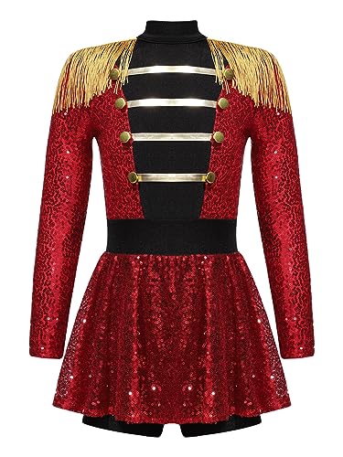 winying Mädchen Zirkus Ringmaster Kostüm Langarm Tanzkleid Pailletten Jumpsuit Kleid Zirkusdirektorin Uniform Fasching Rot 110-116 von winying