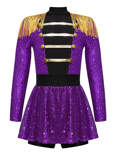 winying Mädchen Zirkus Ringmaster Kostüm Langarm Tanzkleid Pailletten Jumpsuit Kleid Zirkusdirektorin Uniform Fasching Violett 134-140 von winying