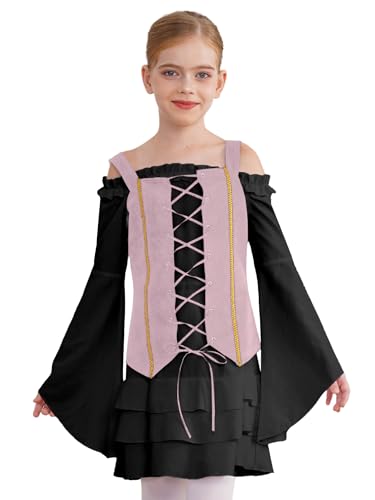 winying Mittelalter Kleid Piraten Kostüm Mädchen Renaissance Retro Partykleid Langarm Corsagenkleid Für Festliche Karneval Fasching Schwarz Rosa 110-116 von winying