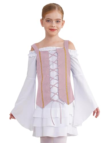 winying Mittelalter Kleid Piraten Kostüm Mädchen Renaissance Retro Partykleid Langarm Corsagenkleid Für Festliche Karneval Fasching Weiß Rosa 146-152 von winying