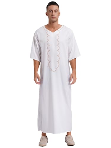 winying Muslimische Robe Herren Kurzarm Arabische Islamische Kleidung Thobe V-Ausschnitt Kaftan Nachthemd Ethnische Ramadan Roben Tunika Robe Weiß 3XL von winying