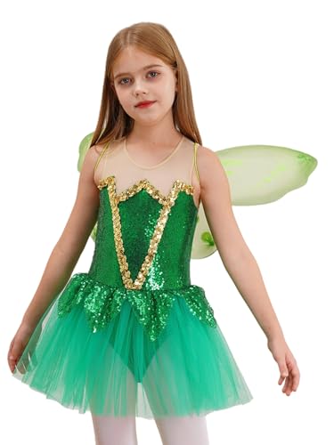 winying Prinzessin Kleid Mädchen Kinder Fee Kostüm Ärmellos Glänzende Tutu Kleid mit Schmetterlingsflügeln Party Rave Outfits Grün 110-116 von winying