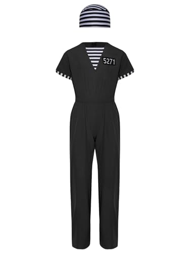 winying Sträflingskostüm Jungen Mädchen Halloween Prisoner Fancy Dress Kurzarm Gefangener Sträfling Uniform Faschingskostüme Schwarz 146-152 von winying