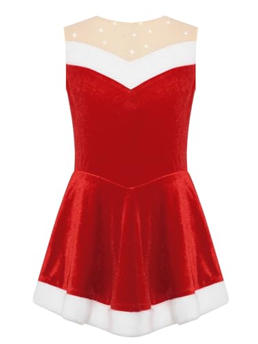 winying Weihnachtsfrau Kleid Mädchen Kinder Santa Weihnachtsmann Kostüm Ärmellos Flanell Partykleid A-Linie Tanzkleidung Rot 122-128 von winying