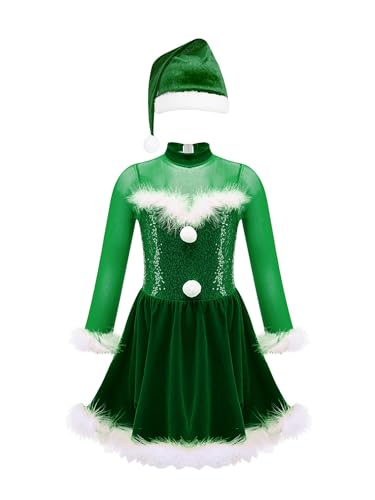 winying Weihnachtskleid Mädchen Prinzessin Langarm Pailletten Party mit Hut A Line Festliches Samtkleid für Karneval Grün 134-140 von winying