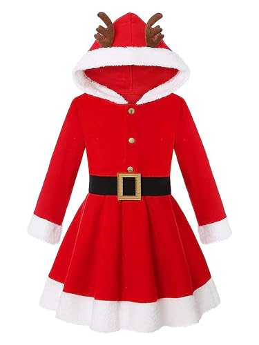 winying Weihnachtskleid Mädchen Prinzessin Winterkleid Fleece Langarm Samt Partykleid mit Kapuze Süßes Weihnachten Kostüm Rot 110-116 von winying