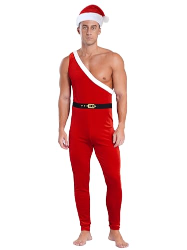 winying Weihnachtsmann Kostüm Herren Stretch Jumpsuit ärmellose Samt Bodysuit mit Hut Santa Claus Cosplay Xmas Outfit Rot L von winying