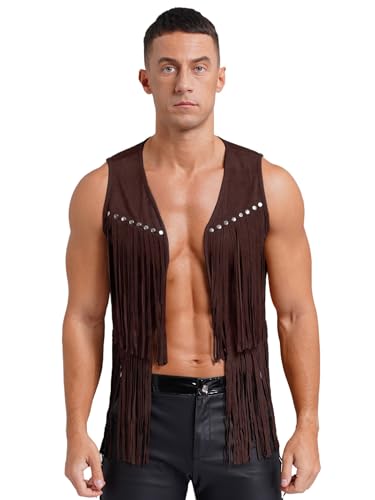 winying Western Cowboy Herren 70Er Hippie-Kostüm Ärmellos Fransen Freizeitweste Karneval Kleidung Faschingskostüme Khaki L von winying