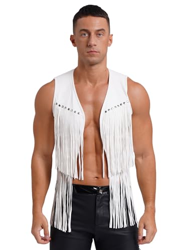 winying Western Cowboy Herren 70Er Hippie-Kostüm Ärmellos Fransen Freizeitweste Karneval Kleidung Faschingskostüme Weiß XL von winying