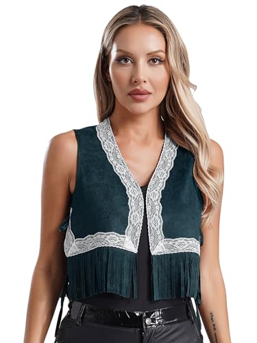 winying Western Cowgirl Weste für Damen V-Ausschnitt Vorne Offener Tanktop Ärmellos Cardigan Vintage Rever Cropped Hippie Outwear Blau M von winying