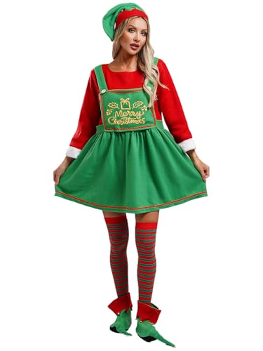 winying er-Pack Damen Weihnachten Elf Kostüm Set Samt Kleid und Hat Socken Schuhe Zubehör für Weihnachts Karneval Grün L von winying