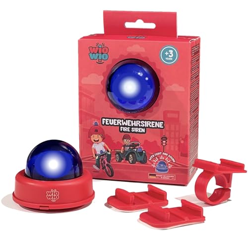 wiowio Feuerwehr Sirene für Kinder, Blaulicht mit abnehmbaren Halterungen für Rutschauto, Helm, Laufrad, Lenker, Roller, Fahrrad, Klingel, Geschenk Spielzeug ab 3 Jahre (Rot, Set mit 3 Halterungen) von wiowio