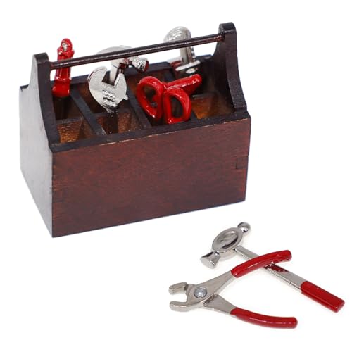 witgift Miniatur Werkzeugkasten mit Werkzeug,Holzkiste Toolbox Werkzeugkoffer Werkzeugkiste mit Metallwerkzeug Set,Puppenhaus Garten Möbel Zubehör für Puppenhaus Gartengeräte von witgift