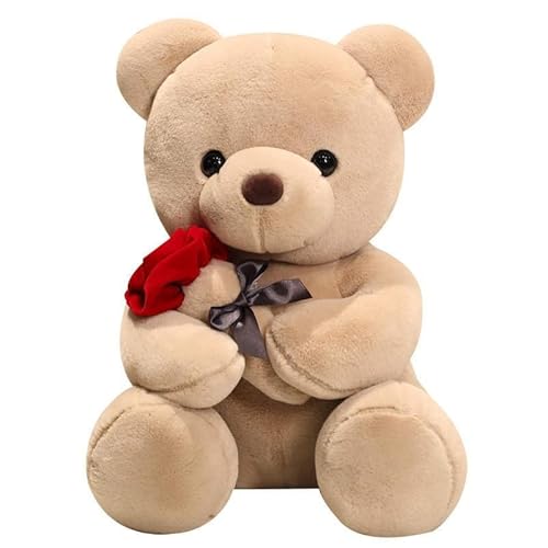 wiztex Teeddy Bear Plüschtier 23 cm - Rote Rose Stoff Teedd Kuscheltier - Schwarze Knopfaugen Teddybär - Lächelnd Teddybär Klein Geschenk für Kinder und Erwachsene (Braun) von wiztex