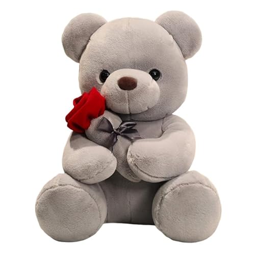 wiztex Teeddy Bear Plüschtier 23 cm - Rote Rose Stoff Teedd Kuscheltier - Schwarze Knopfaugen Teddybär - Lächelnd Teddybär Klein Geschenk für Kinder und Erwachsene (Grau) von wiztex