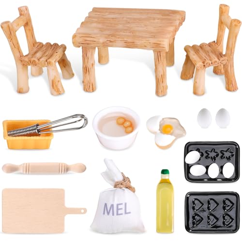 19 Stück Tisch Und Stuhl Wichtel - Tisch und Stuhl für Miniatur-Feengarten Miniature Food Toys Set Puppenh Miniatur Tisch Stuhl Harz Lebensmittel Spielzeug Set von wlertcop