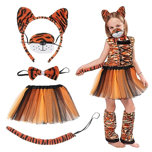 5 Stück Tiger Kostüm,Tierkostüm-Set,Tiger Ohr Stirnband Schwanz Nase Fliege Tutu Rock Set,Tier Verkleidung Zubehör,Dschungel Party Set für Erwachsene Kinder Karneval Cosplay Party (Schwarzes Ohr) von wlertcop